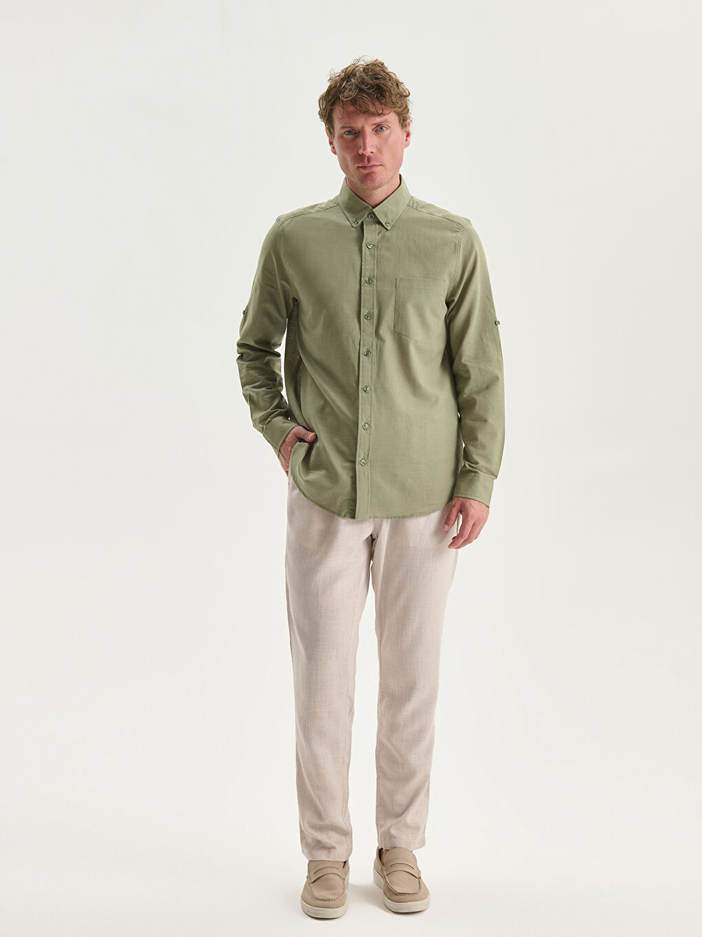Regular Fit Long Sleeve Linen Blend Men's Shirt -S53339Z8-DBV
