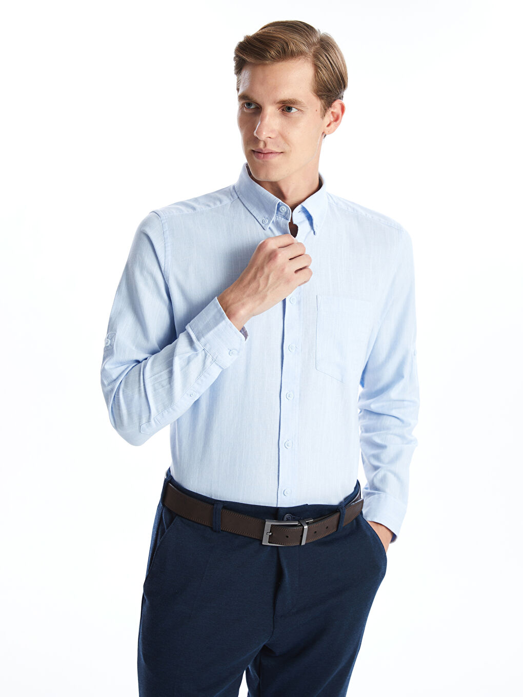 Regular Fit Long Sleeve Linen-Blend Men's Shirt -S53339Z8-CUN