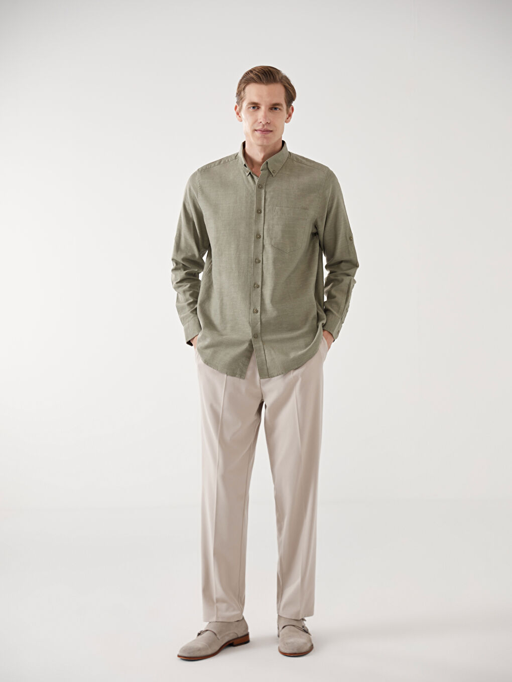 Рубашка из льняной смеси с длинным рукавом стандартного кроя для мужчин-2