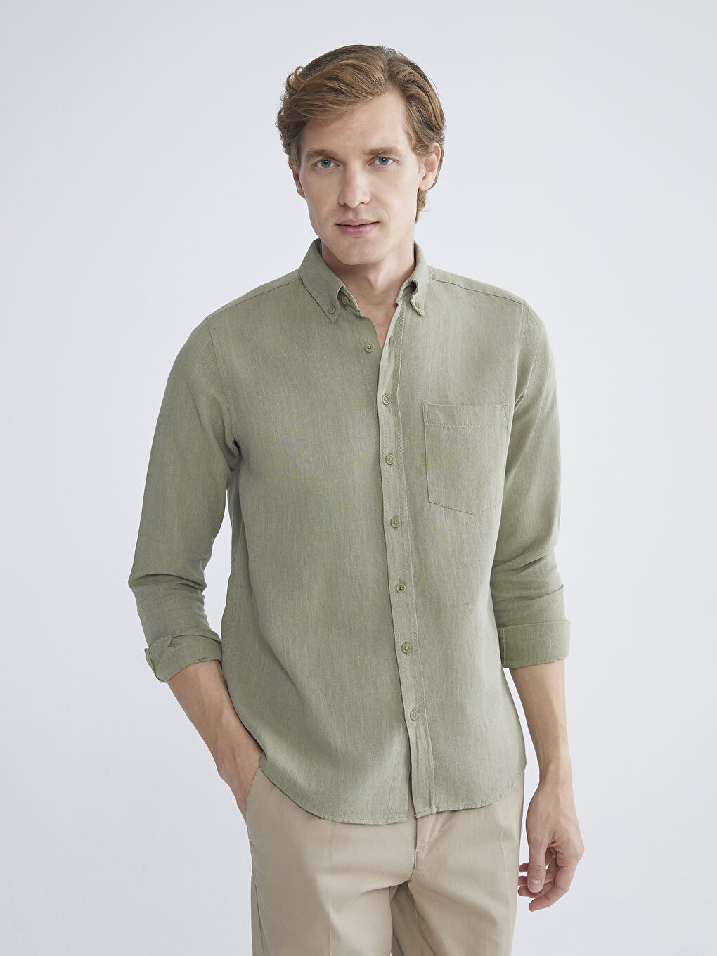 Рубашка из льняной смеси с длинным рукавом стандартного кроя для мужчин-1