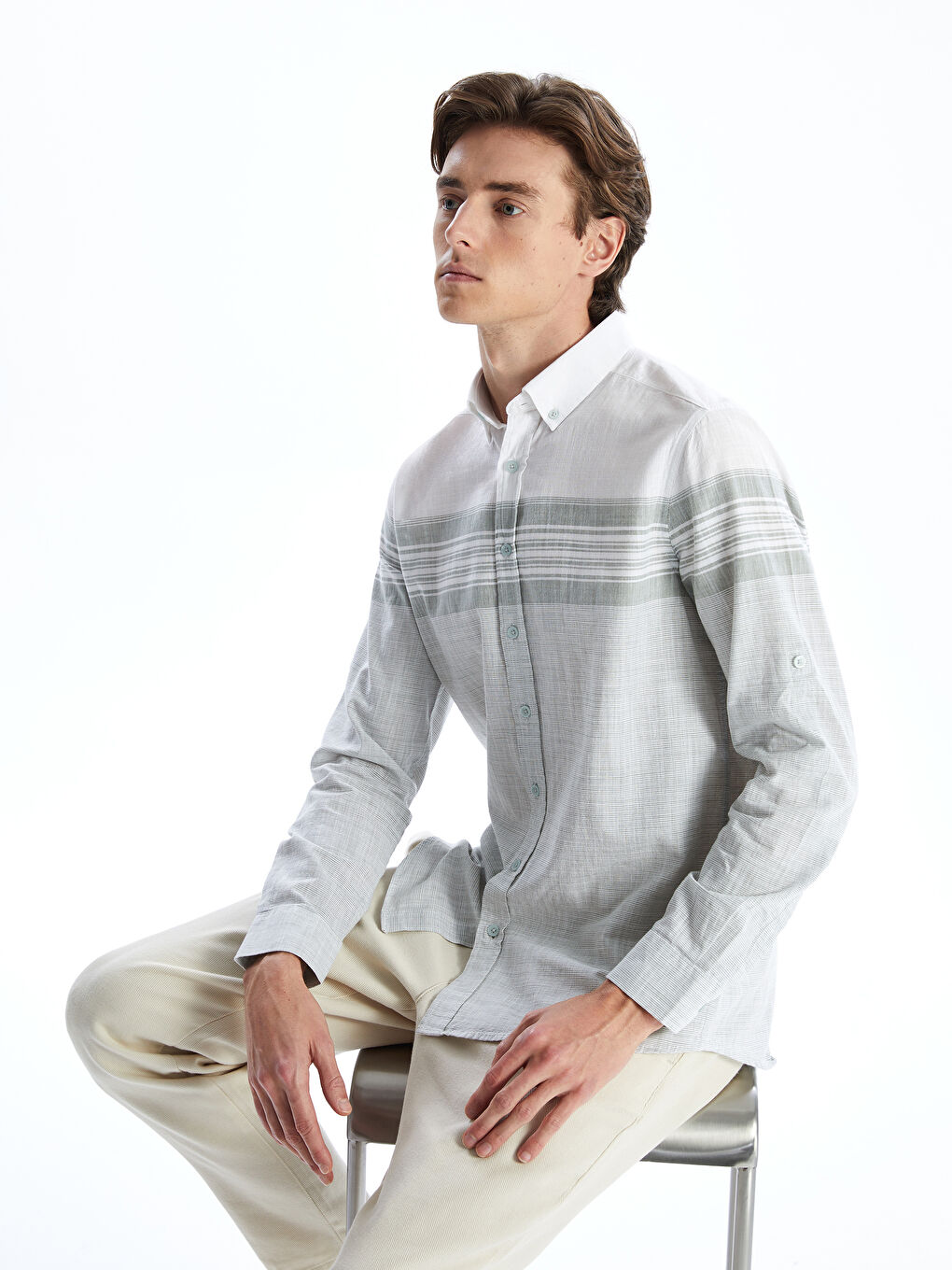 Regular Fit Long Sleeve Striped Men's Textured Shirt -S53340Z8-LFM