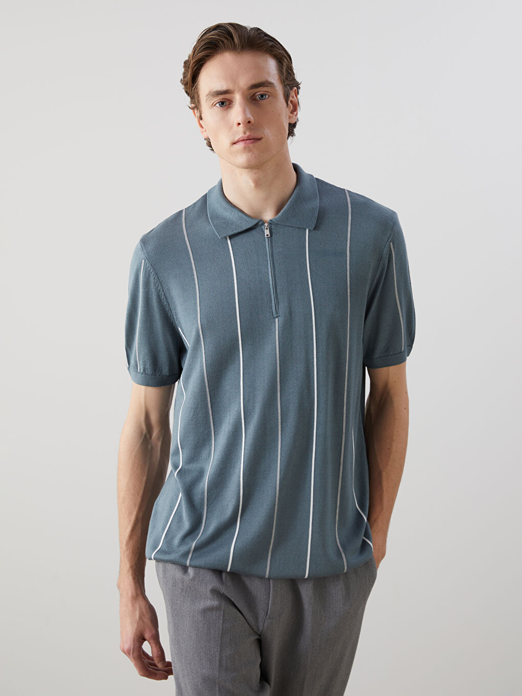 Polo Neck Short Sleeve Striped Men's Knitwear Sweater -S53346Z8-VHW