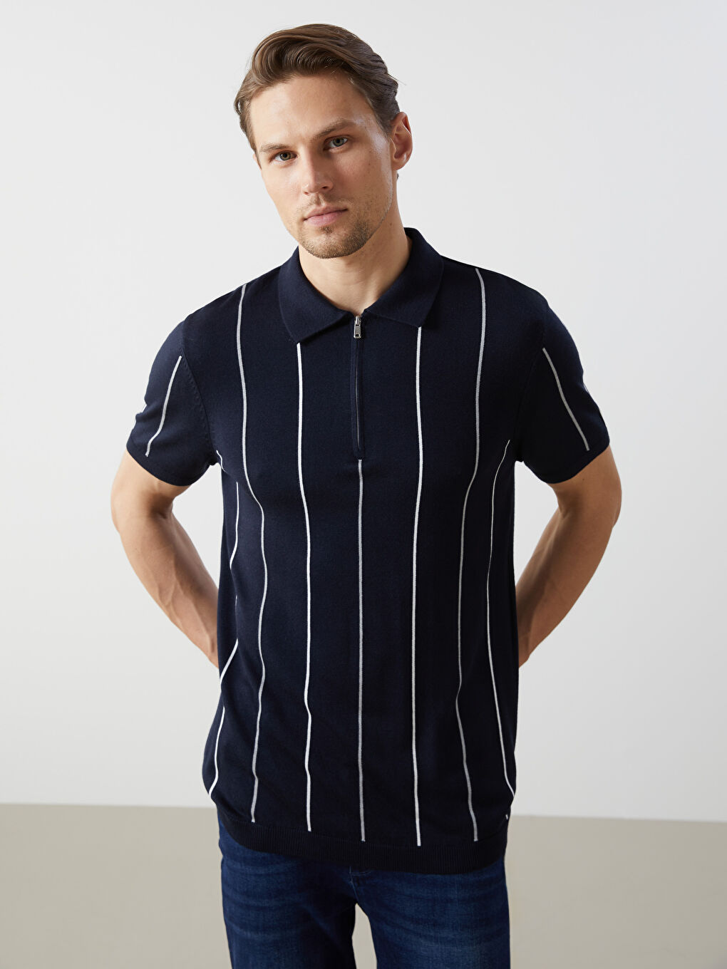 Polo Neck Short Sleeve Striped Men's Knitwear Sweater -S53346Z8-RFH