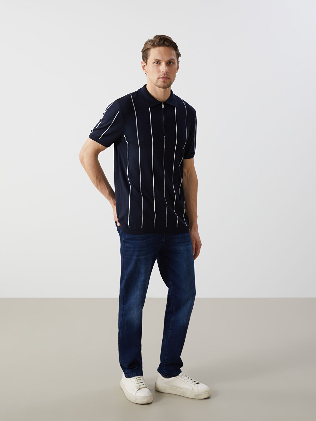 Polo Neck Short Sleeve Striped Men's Knitwear Sweater -S53346Z8-RFH