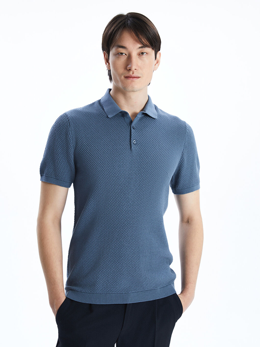 Polo Neck Short Sleeve Men's Tricot Sweater -S53397Z8-KJF