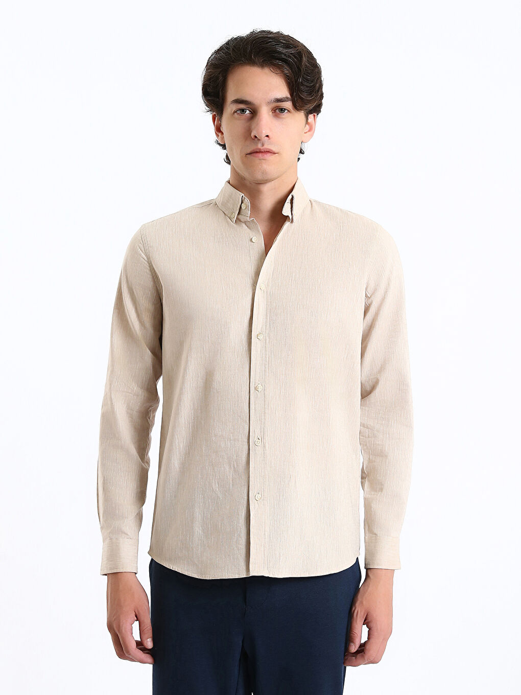 Chemise pour Hommes en Mélange de Lin à Manches Longues Coupe Régulière