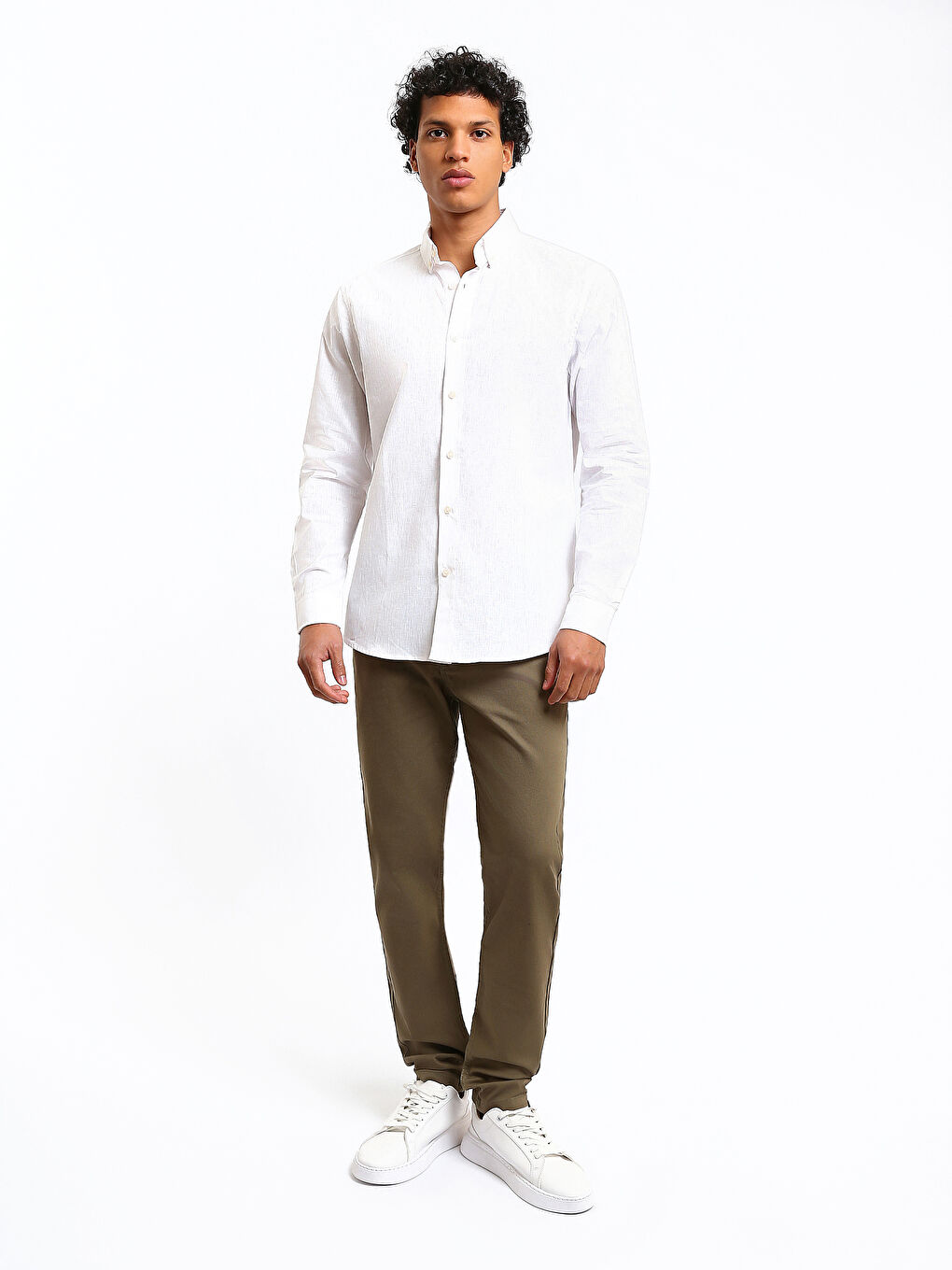 قميص رجالي بأكمام طويلة وخليط كتان بقصة عادية-1