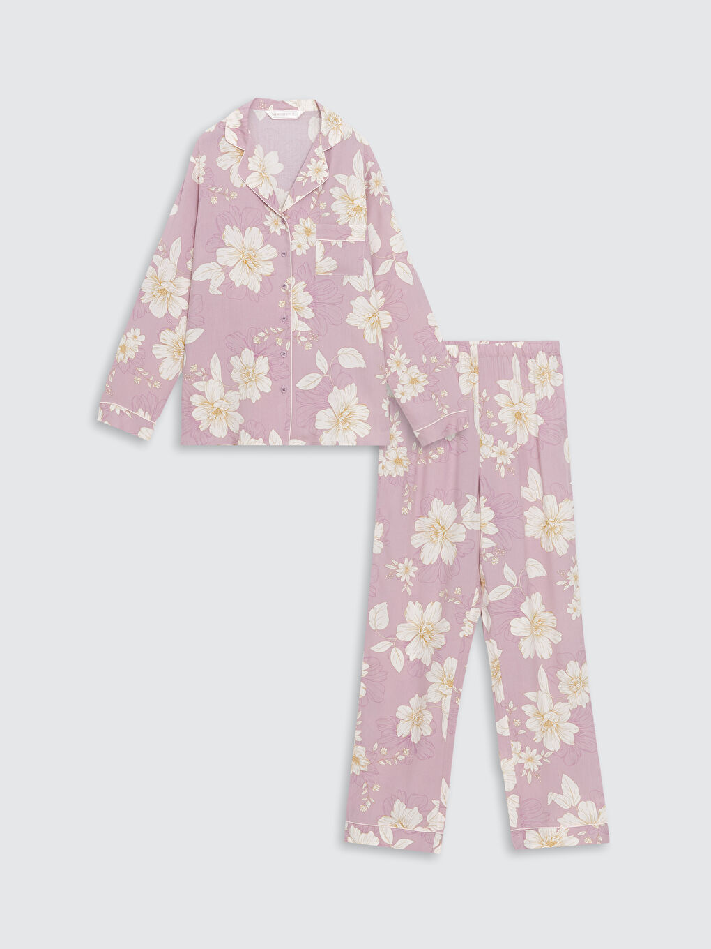 Lila Gömlek Yaka Çiçekli Kadın Pijama Üstü