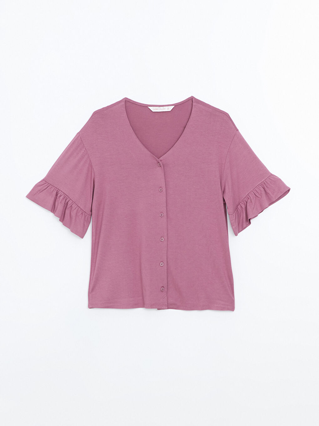 Mürdüm V Yaka Fırfırlı Kadın Pijama Üstü