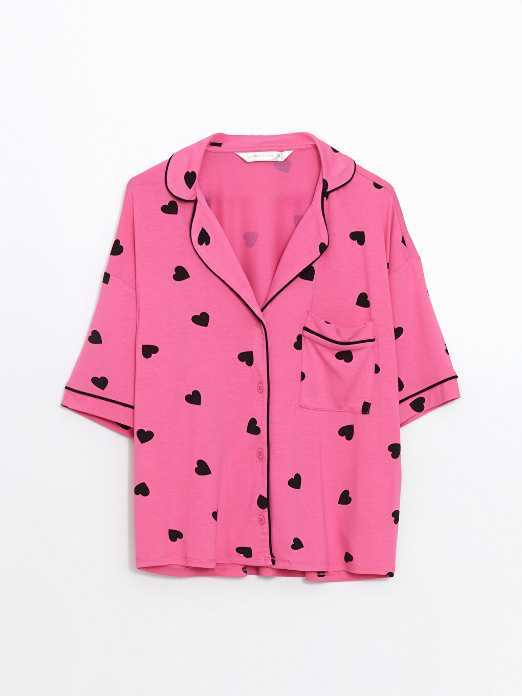 Pembe Gömlek Yaka Baskılı Kadın Pijama Üstü