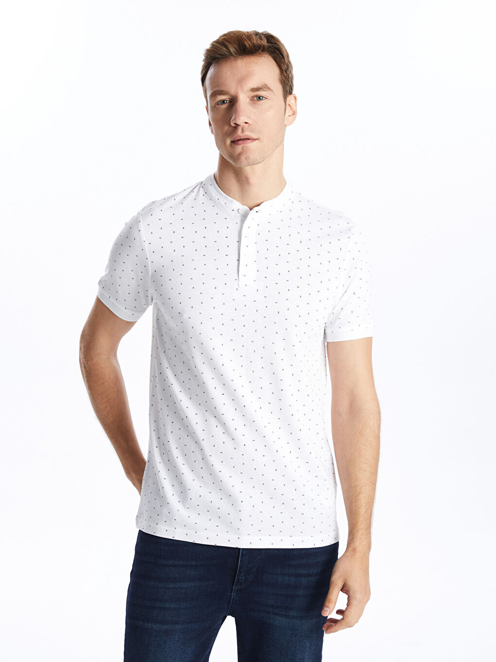 Grandad Collar Short Sleeve Patterned Pique Men's T-Shirt -S53703Z8-Q6K