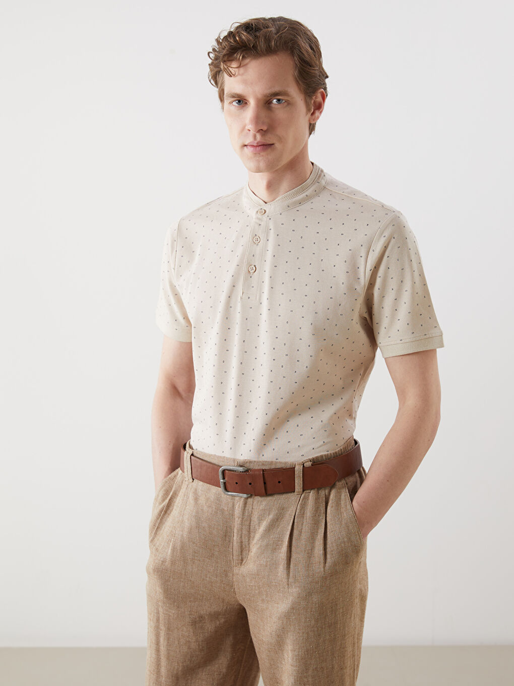 Grandad Collar Short Sleeve Patterned Pique Men's T-Shirt -S53703Z8-QMG