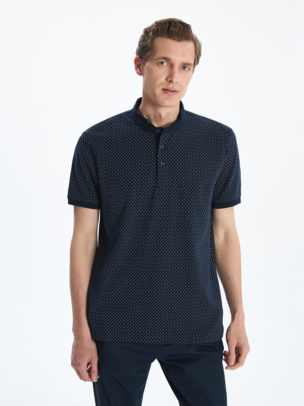 Grandad Collar Short Sleeve Patterned Pique Men's T-Shirt -S53703Z8-DWP