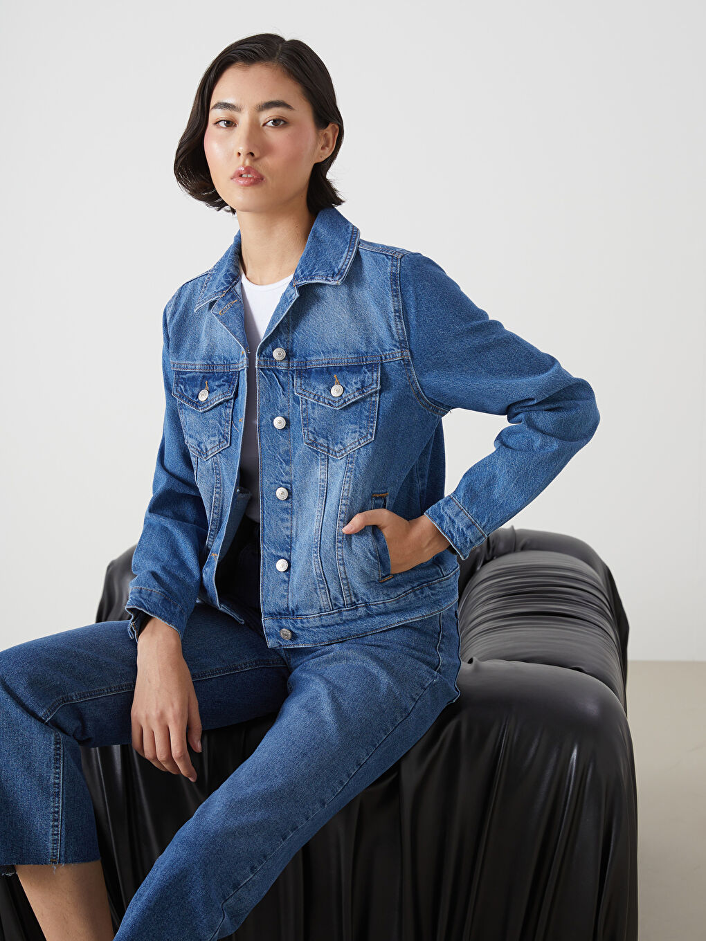 LCW Vision Indigo Gömlek Yaka Kadın Jean Ceket