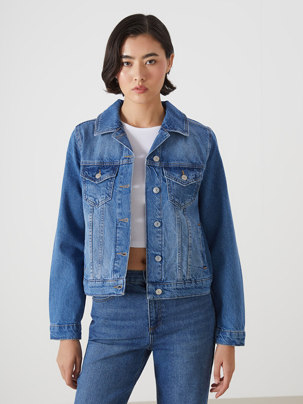 LCW Vision Indigo Gömlek Yaka Kadın Jean Ceket - 3