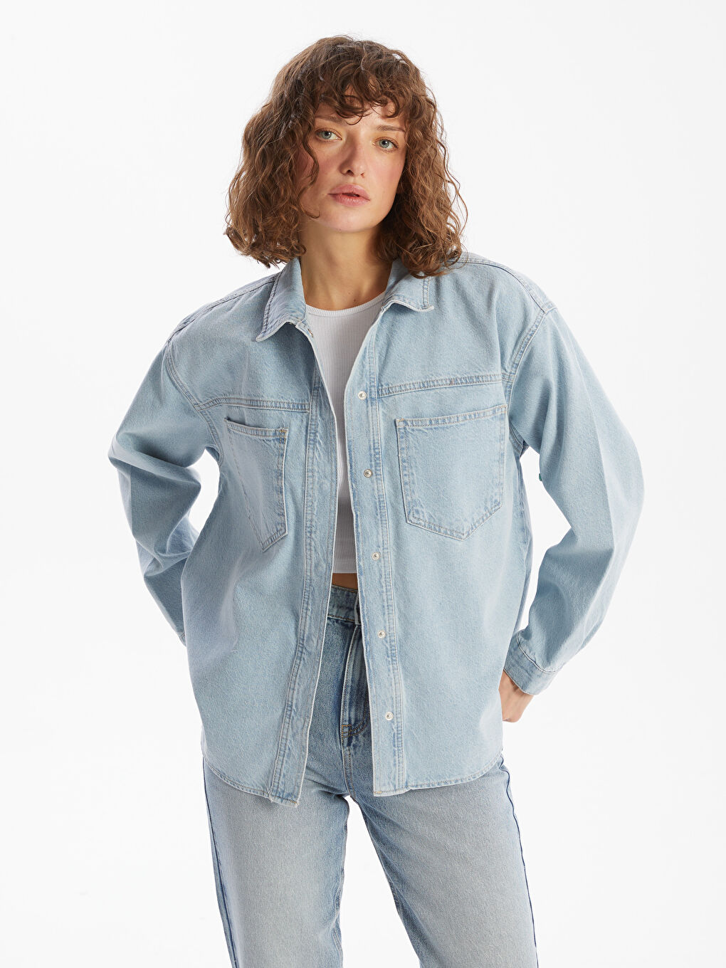 İndigo Oversize Kadın Jean Gömlek Ceket