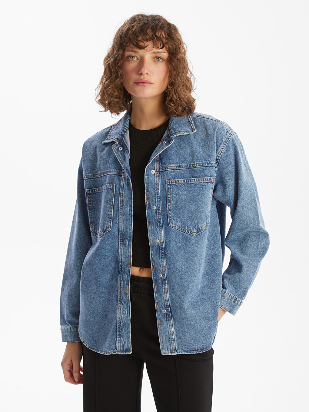 İndigo Oversize Kadın Jean Gömlek Ceket