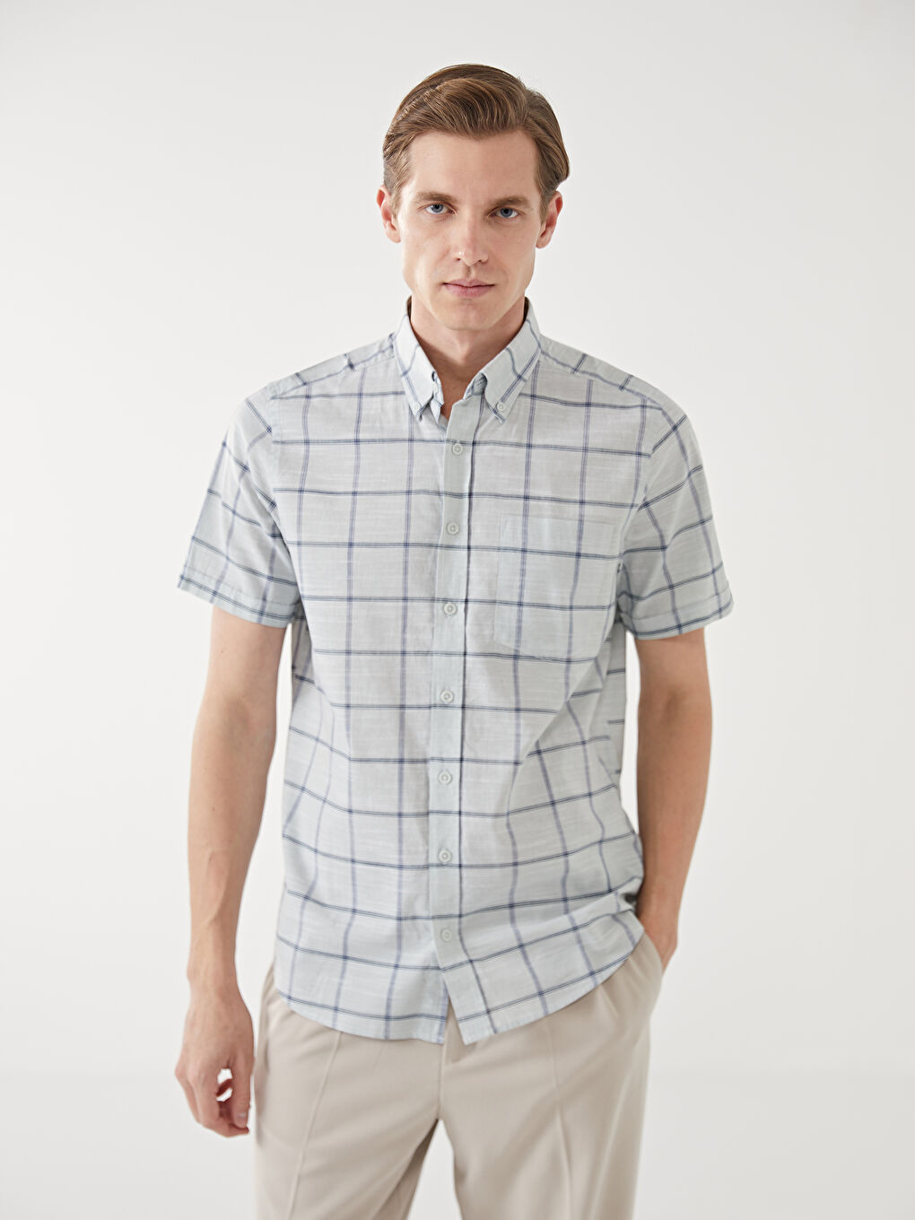 Regular Fit Short Sleeve Plaid Poplin Men's Shirt -S53975Z8-LME
