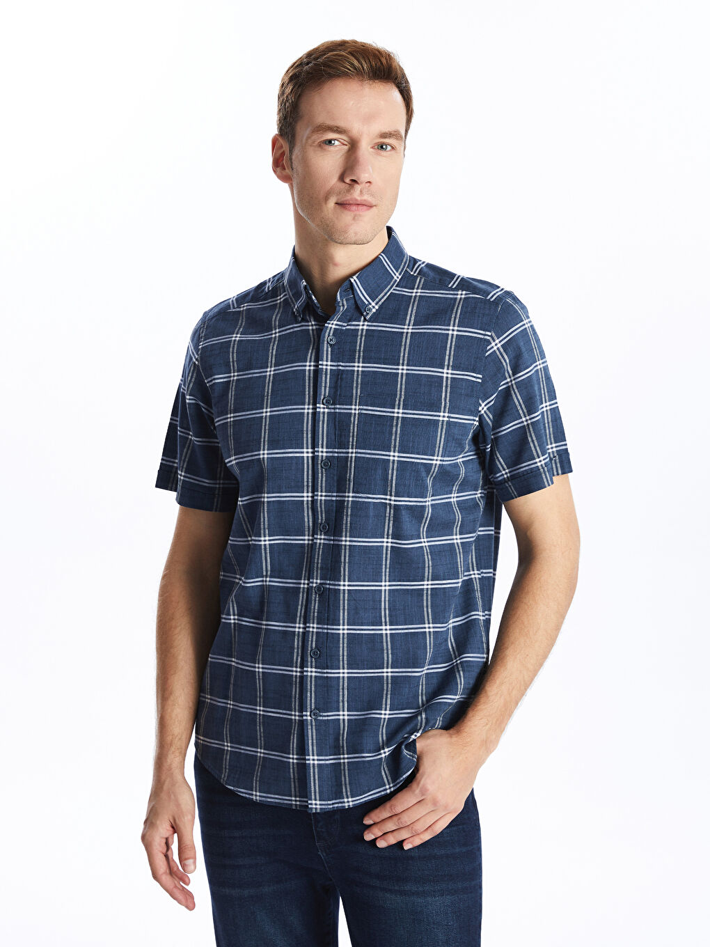 Regular Fit Short Sleeve Plaid Poplin Men's Shirt -S53975Z8-LMR