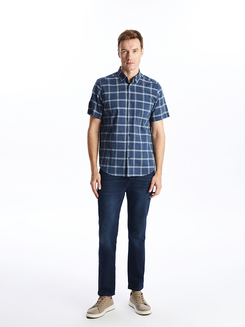 Regular Fit Short Sleeve Plaid Poplin Men's Shirt -S53975Z8-LMR