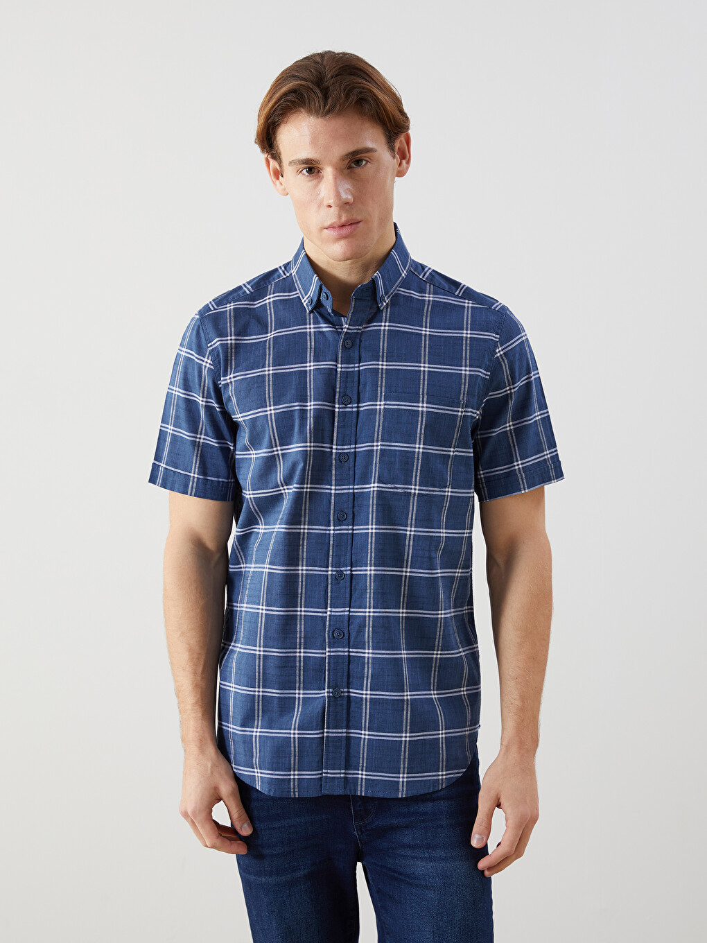 İndigo Regular Fit Kısa Kollu Ekose Poplin Erkek Gömlek