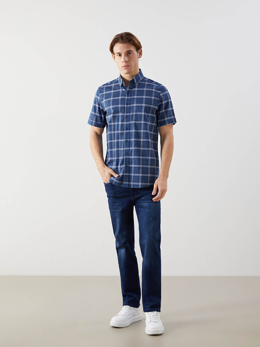 İndigo Regular Fit Kısa Kollu Ekose Poplin Erkek Gömlek-1
