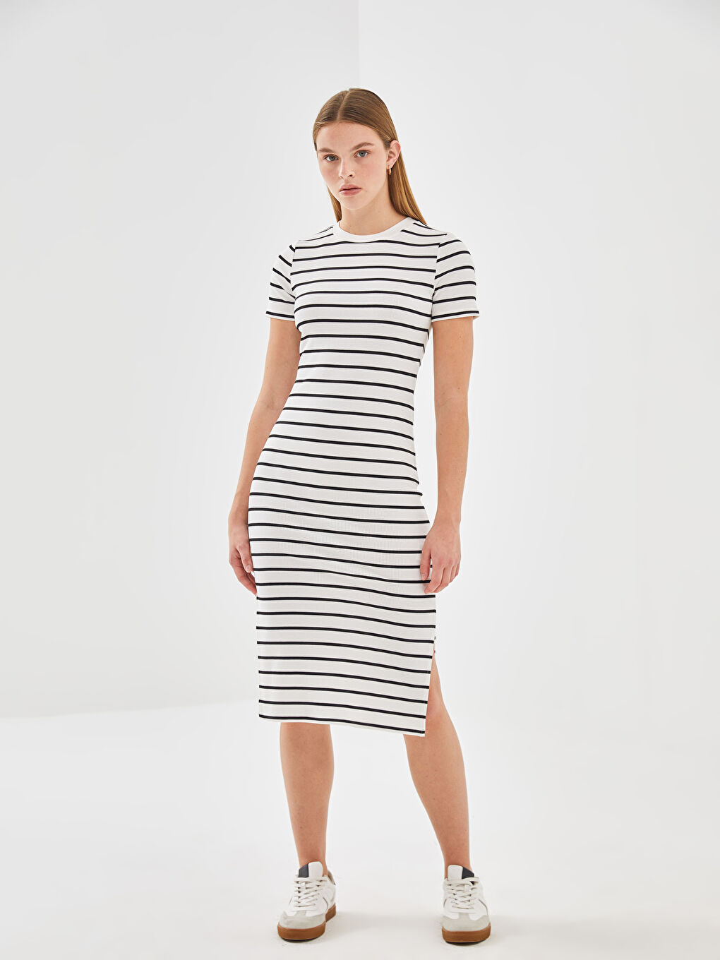 LCW Vision Gestreiftes Schlitz-Kleid für Damen in Midi-Länge -W4IE21Z8-LJX