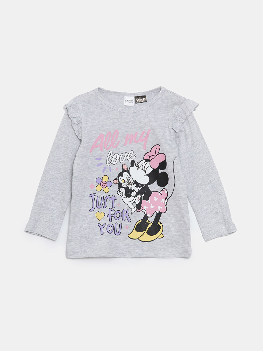 Gri Bisiklet Yaka Minnie Mouse Baskılı Kız Çocuk Pijama Üst