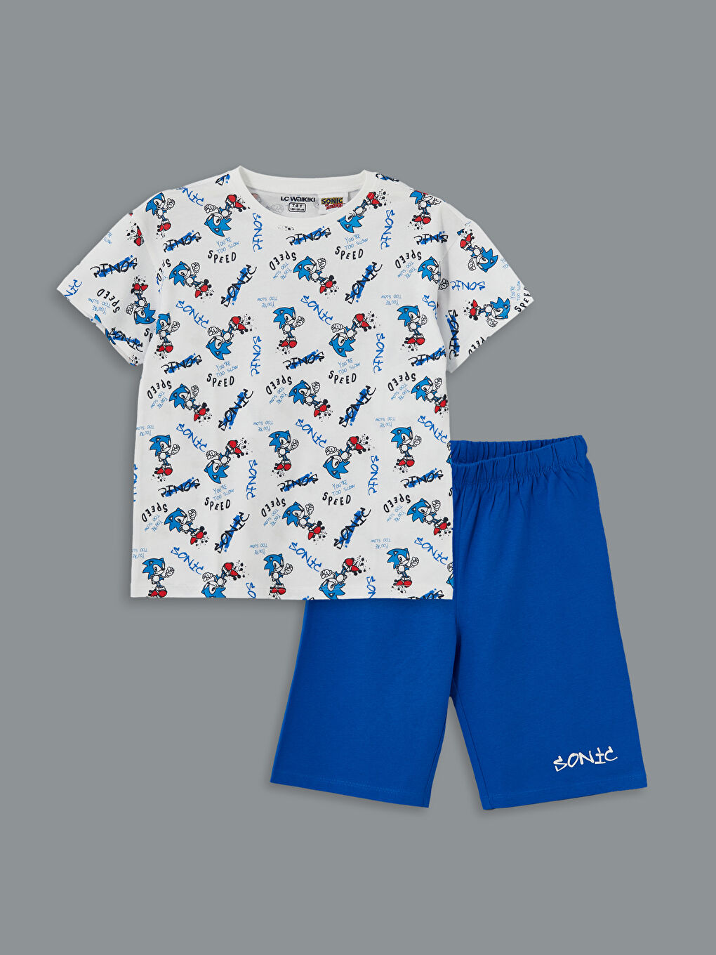 LCW Kids Beyaz Bisiklet Yaka Sonic Baskılı Erkek Çocuk Şortlu Pijama Takımı