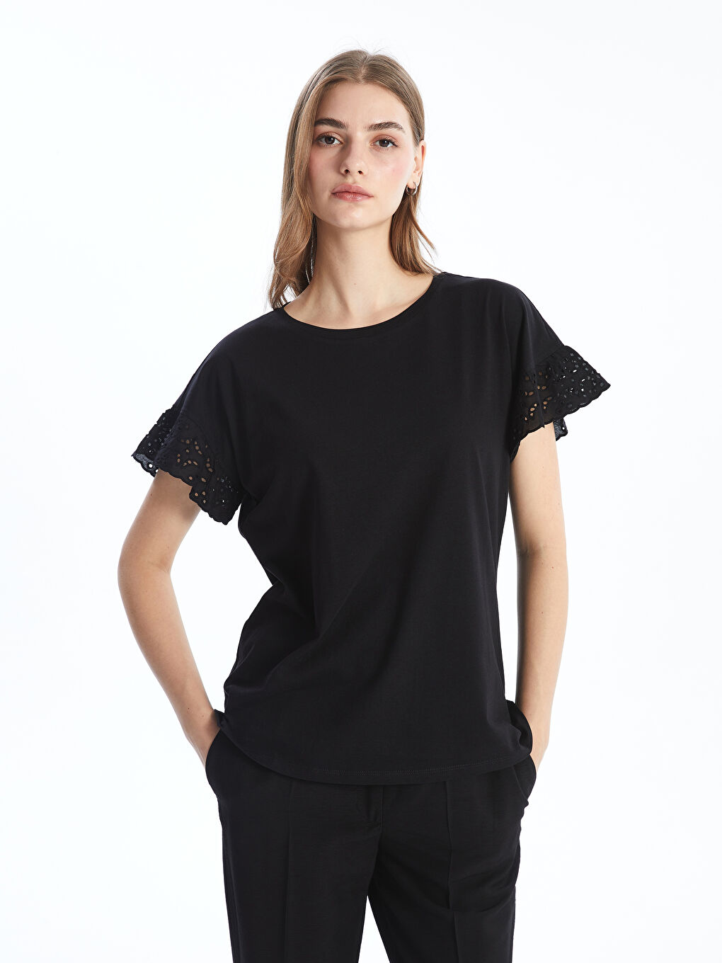 Crew Neck Lace Detailed Women's Blouse -S54553Z8-CVL
