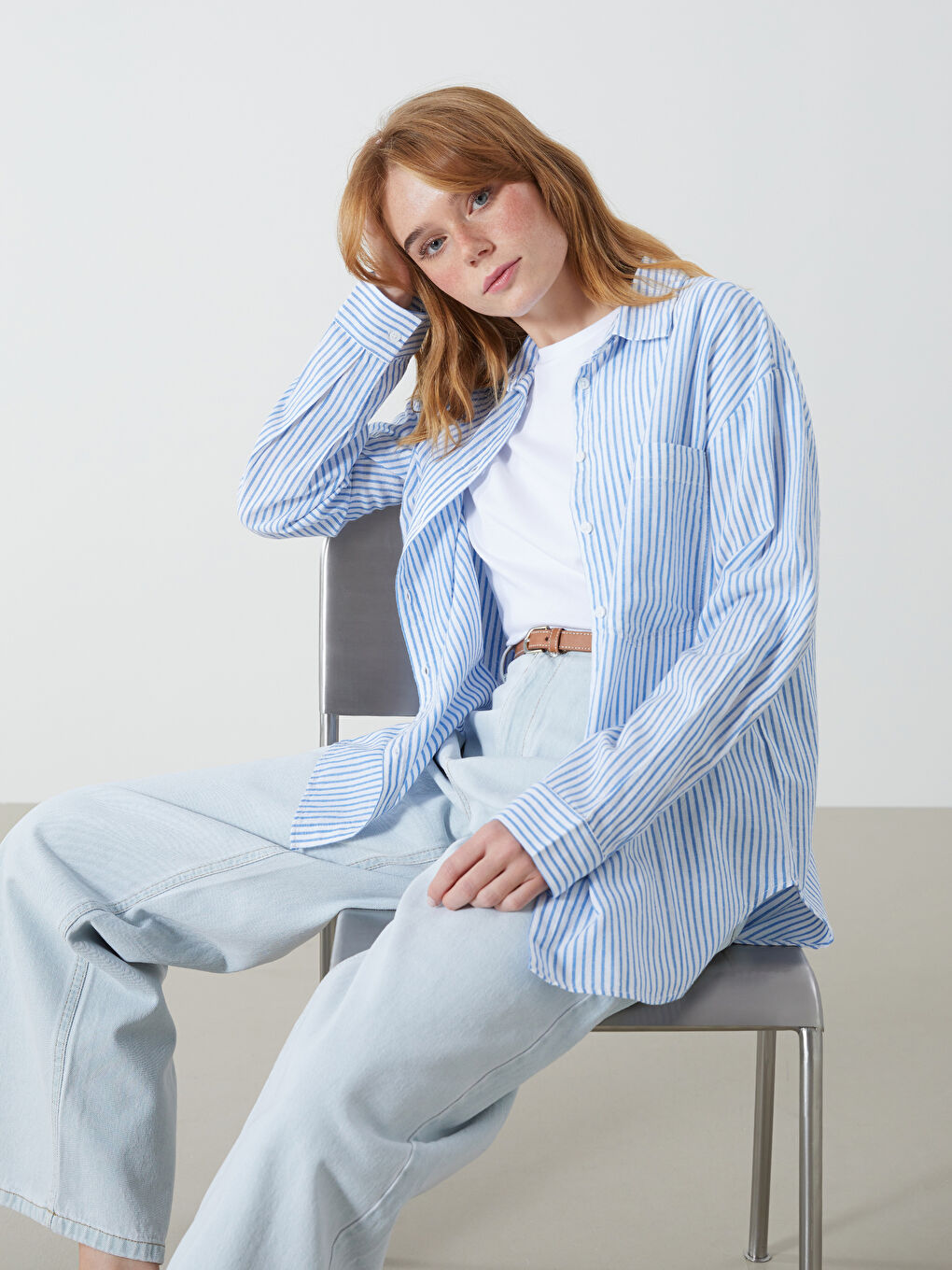 Striped Linen Blend Oversize Women's Shirt -S54575Z8-LEN