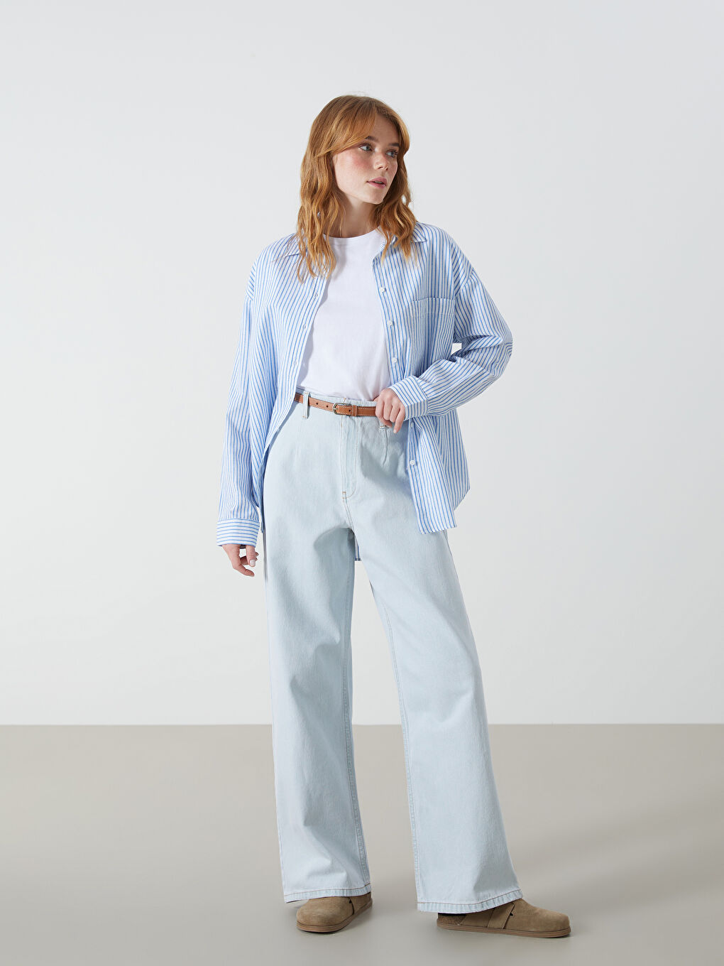 Striped Linen Blend Oversize Women's Shirt -S54575Z8-LEN