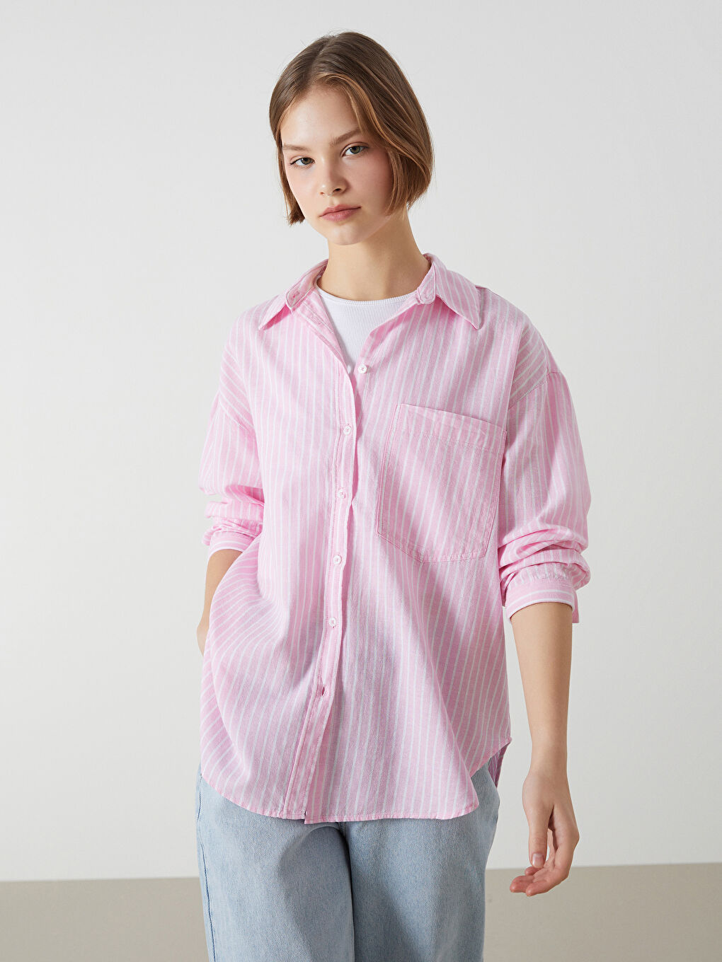 Striped Linen Blend Oversize Women's Shirt -S54575Z8-LHK