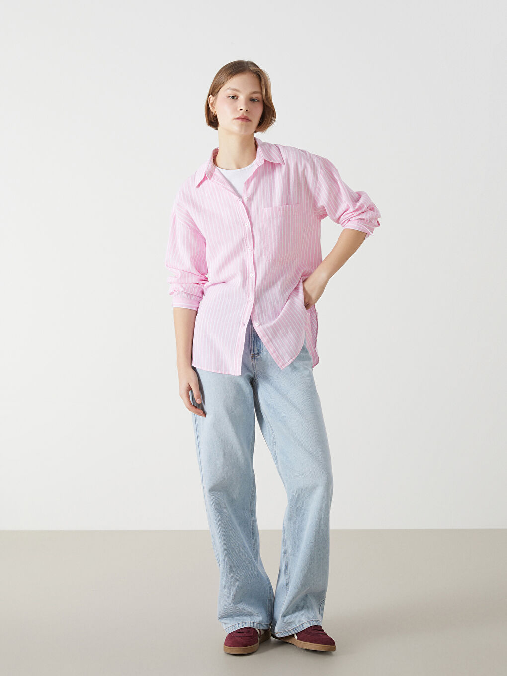 Striped Linen Blend Oversize Women's Shirt -S54575Z8-LHK