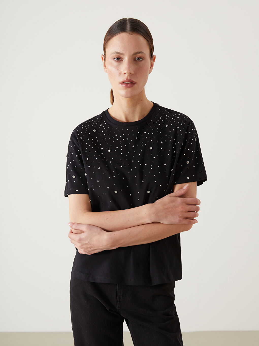 Crew Neck Studded Women'S T-Shirt -S54591Z8-CVL