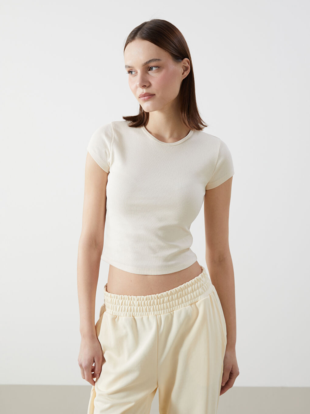 Crew Neck Ribbed Women's T-Shirt -S54682Z8-FF7