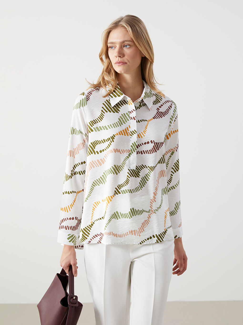 Collared Neck Patterned Women's Blouse