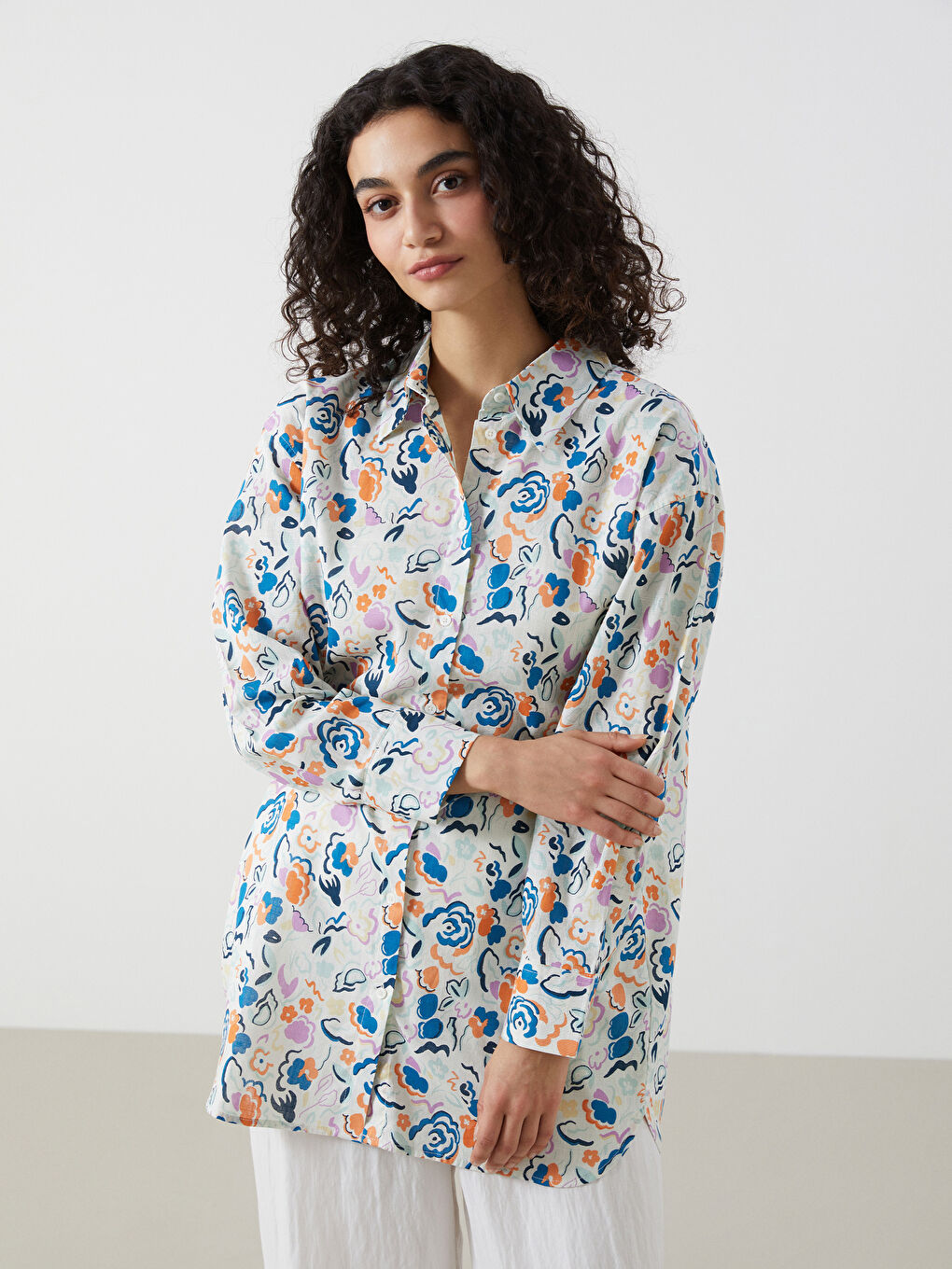 LCW Modest Çiçekli Oversize Poplin Kadın Gömlek Tunik -S54715Z8-F9C