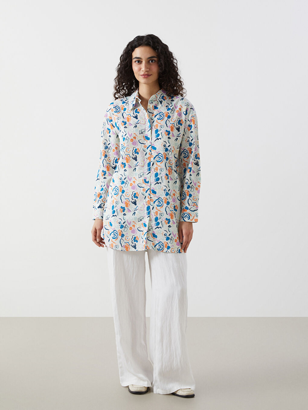 LCW Modest Çiçekli Oversize Poplin Kadın Gömlek Tunik -S54715Z8-F9C