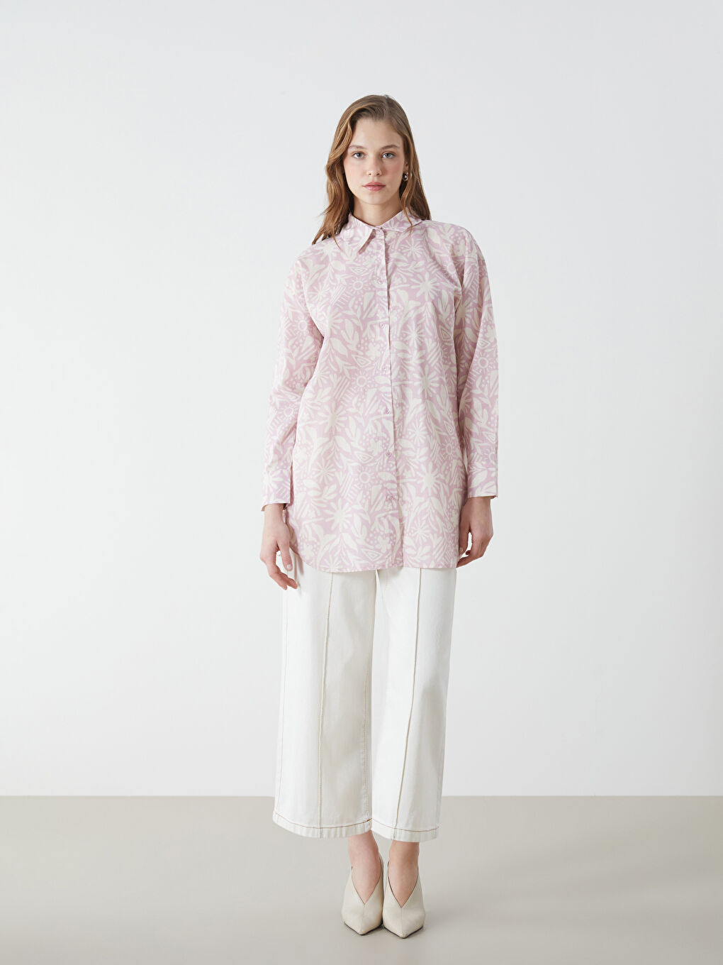 قميص تونيك بوبلين مُزهر أوفراسايز للسيدات-1