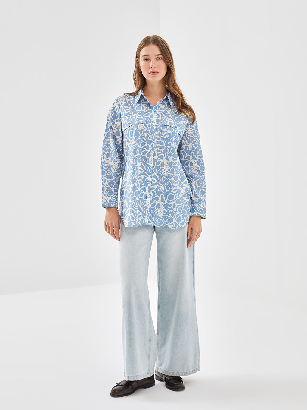 قميص تونيك للسيدات أوفراسايز منقوش-1