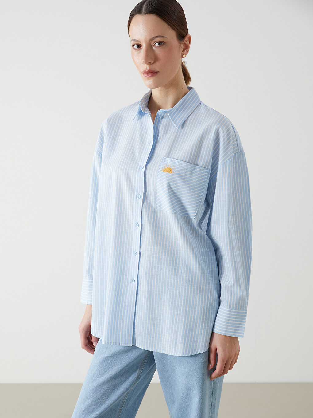 Çizgili Oversize Poplin Kadın Gömlek Tunik
