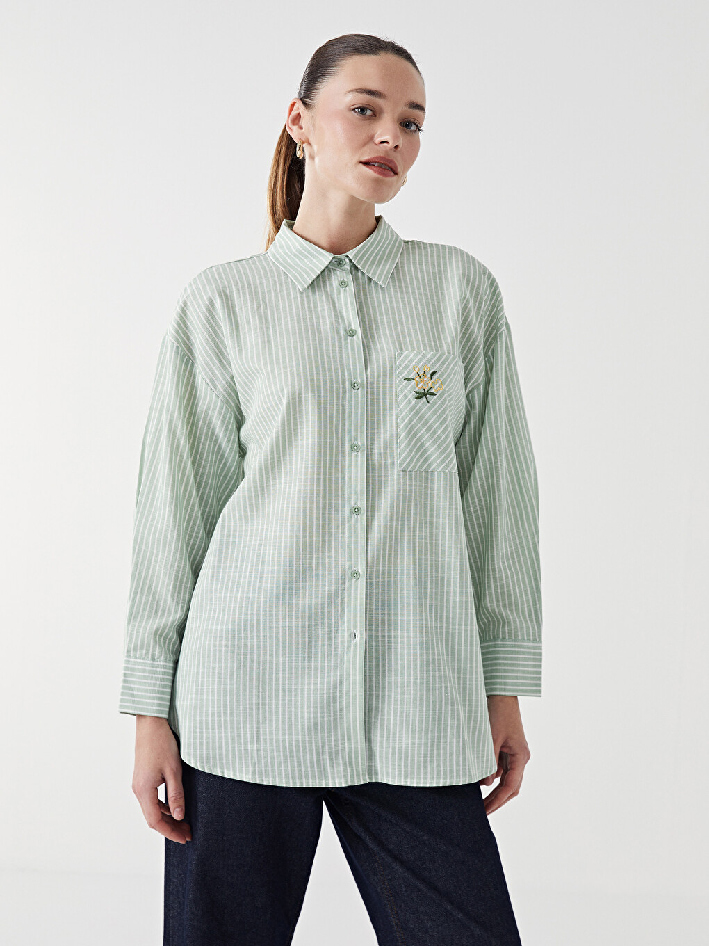 Striped Floral Embroidered Women's Shirt Tunic