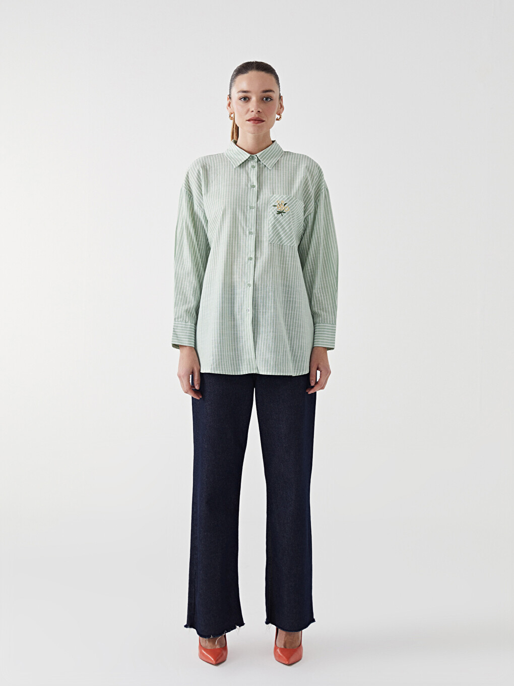 Striped Floral Embroidered Women's Shirt Tunic-1