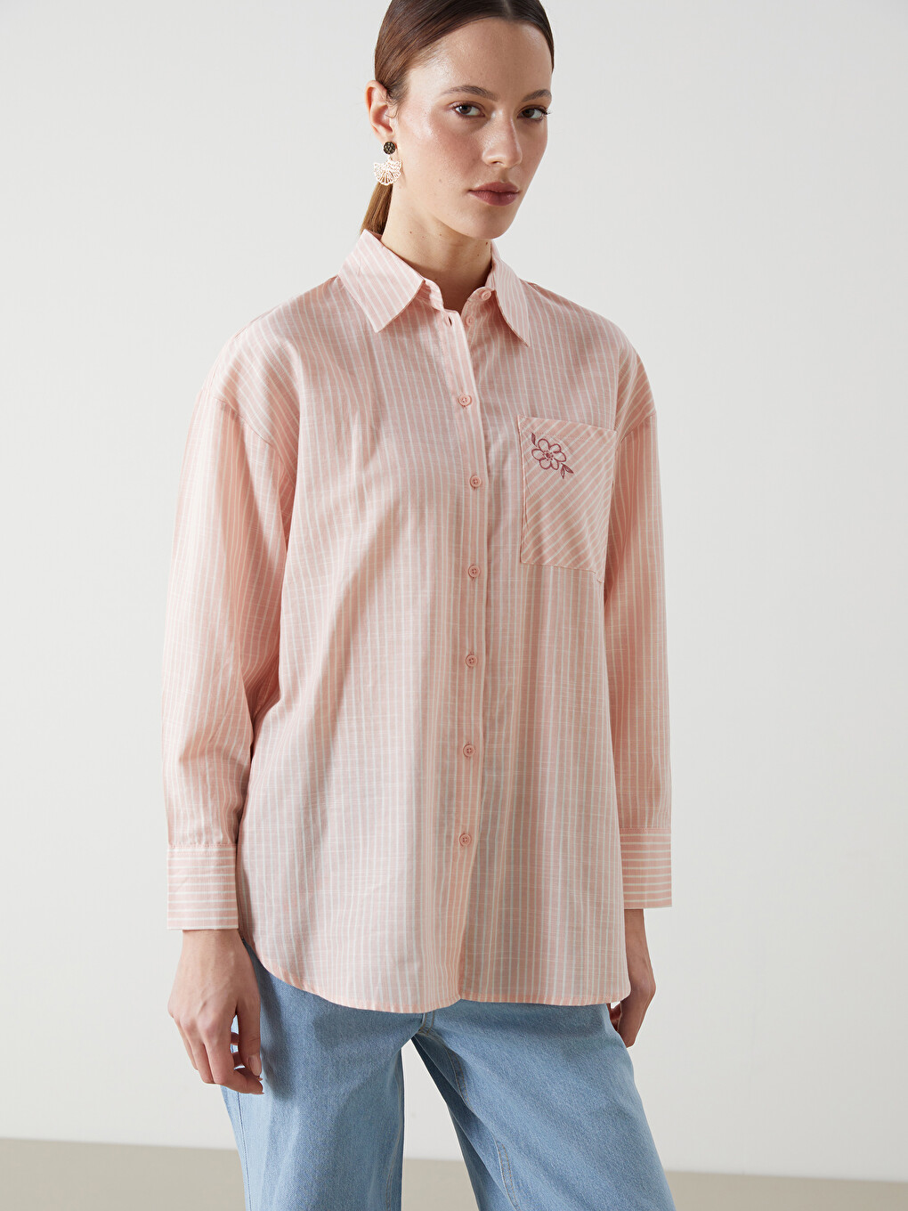 Striped Floral Embroidered Women's Shirt Tunic