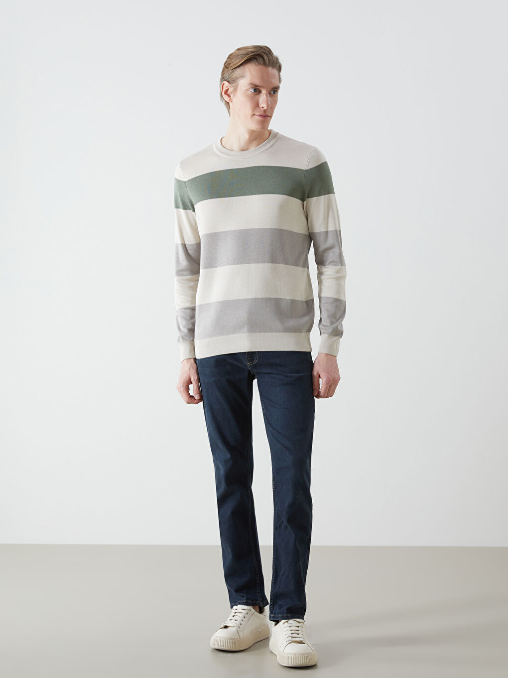 Crew Neck Long Sleeve Striped Men's Knitwear Sweater -S54829Z8-YPS