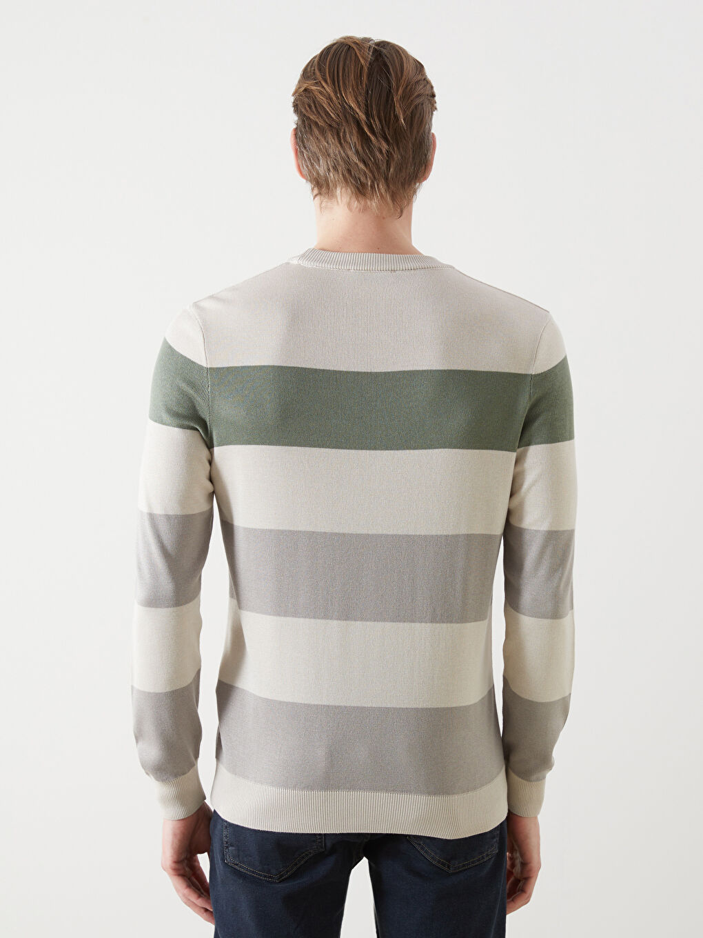 Crew Neck Long Sleeve Striped Men's Knitwear Sweater -S54829Z8-YPS