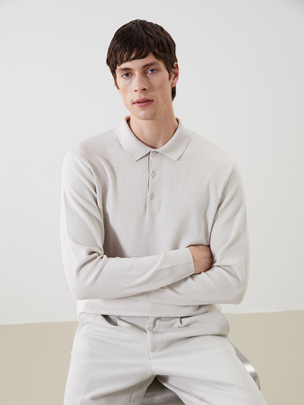 Polo Neck Long Sleeve Men's Tricot Sweater -S54831Z8-VZD