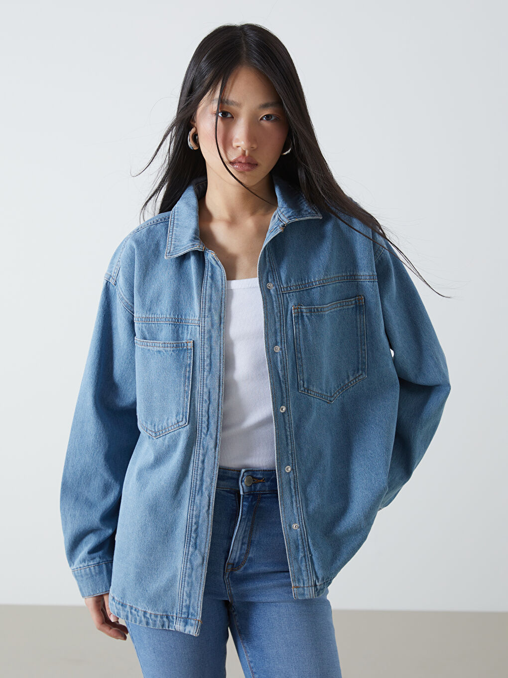 LCW Vision Shirt Collar Oversize Women's Denim Jacket -S54875Z8-507