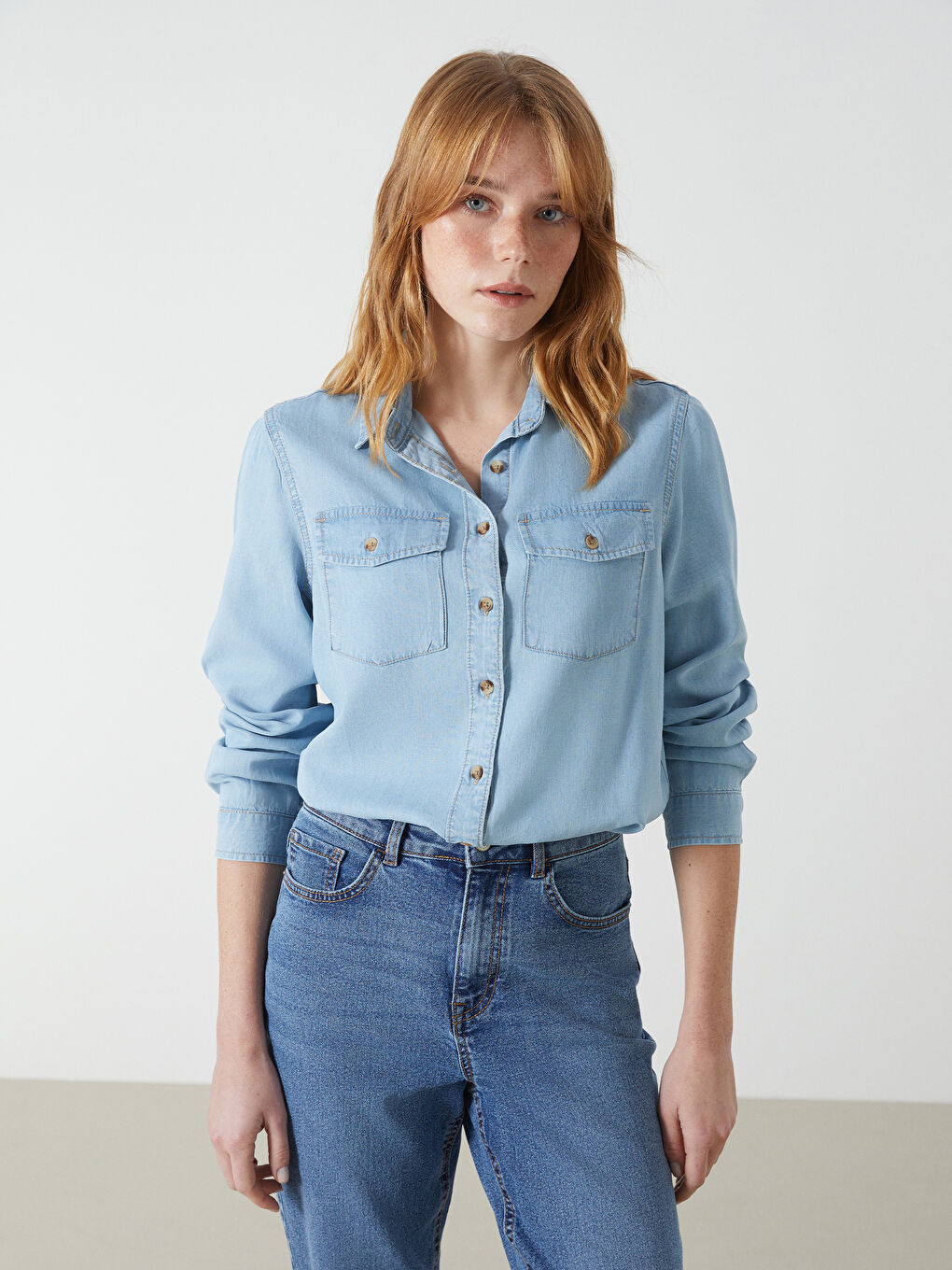 Loose Fit Women's Denim Shirt with Pockets -S54882Z8-311